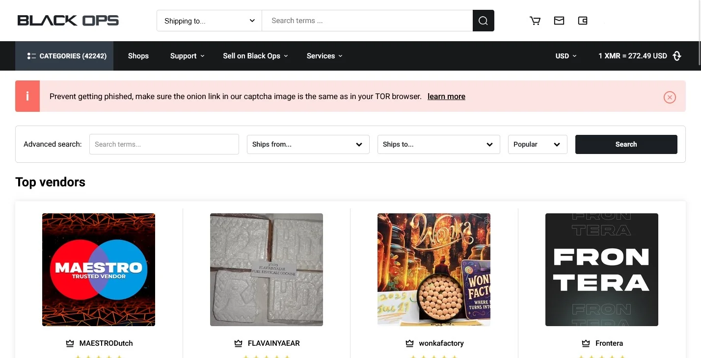 Black Ops Market modern interface showing the polished product grid layout, shopping cart system, and category navigation