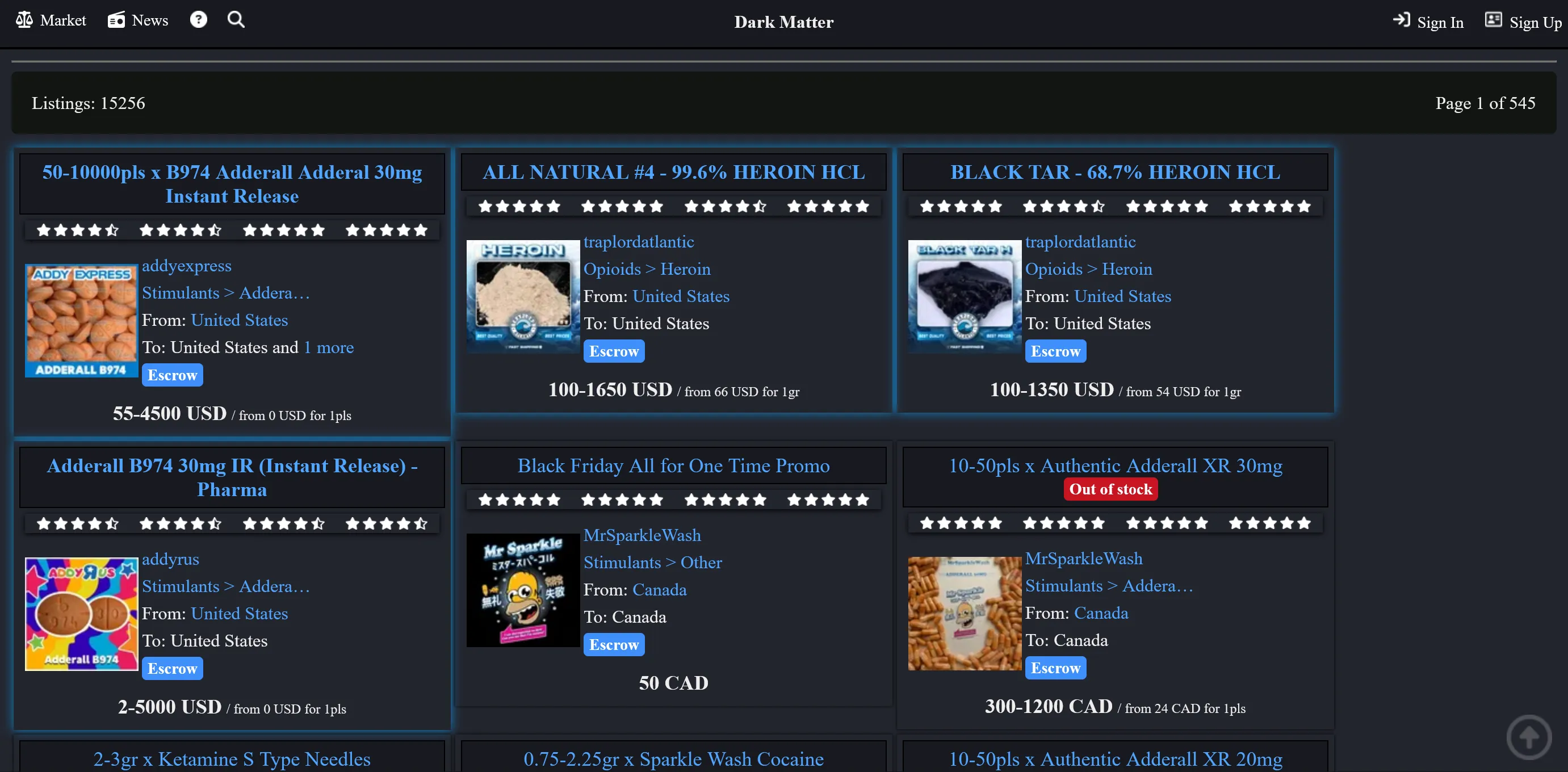 DarkMatter Market interface showing the minimalist dark-themed dashboard with category navigation and product listings