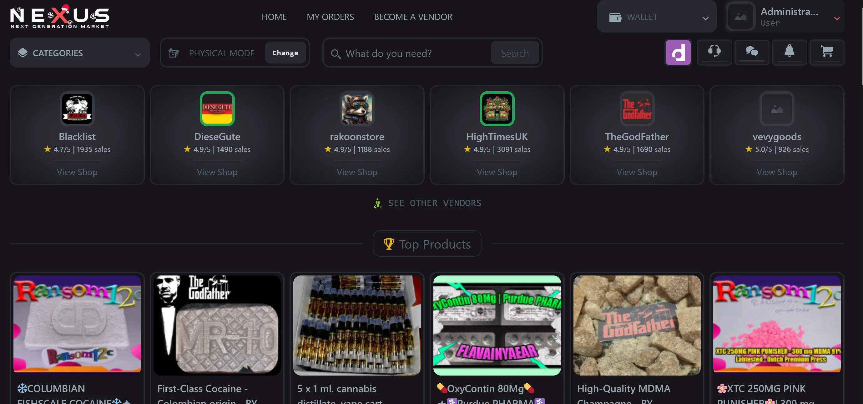 Nexus Market clean interface design showing the physical and digital product mode toggle, search filters, and streamlined navigation